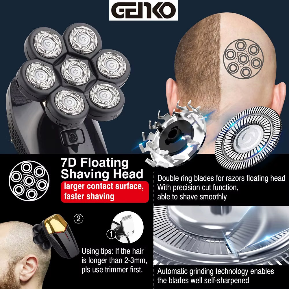 Men's 7D Waterproof Electric Shaver with Independently Floating Heads, Rechargeable Multifunction Trimmer
