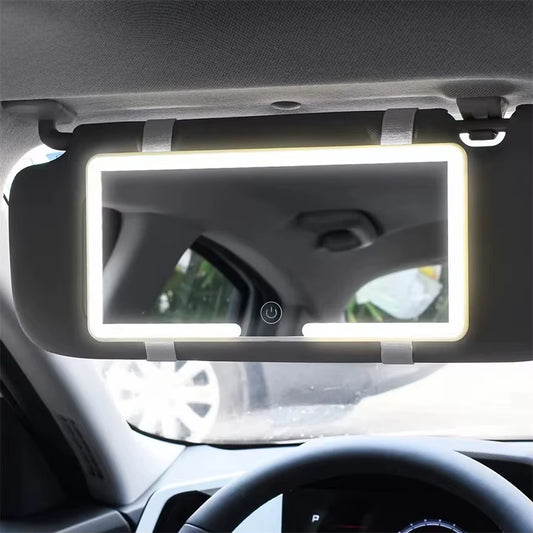 Rechargeable LED Makeup Mirror for Car Sun Visor with Three Adjustable Light Settings and Dimmable Touch Screen Controls