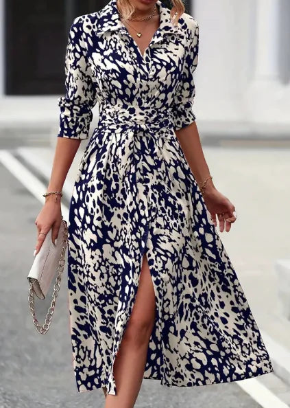 Printed Button Long Sleeve Waist Dress (One Piece)