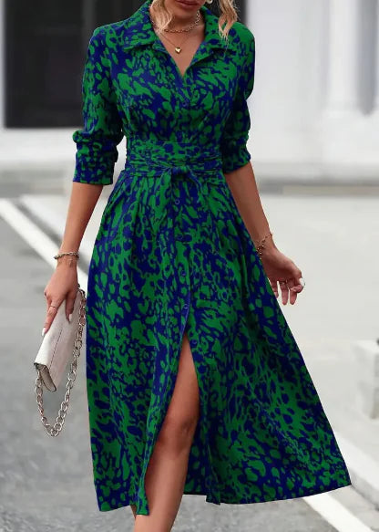 Printed Button Long Sleeve Waist Dress (One Piece)