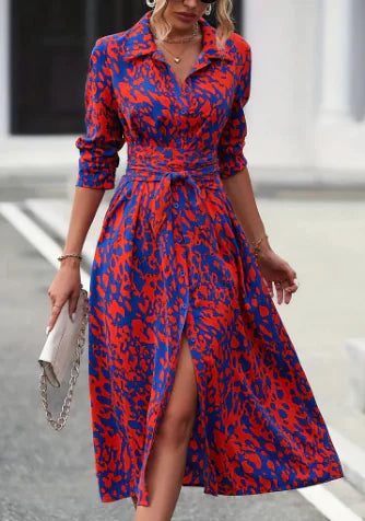 Printed Button Long Sleeve Waist Dress (One Piece)