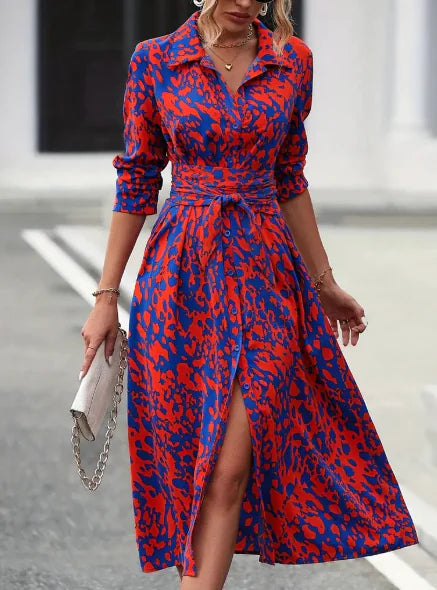 Printed Button Long Sleeve Waist Dress (One Piece)